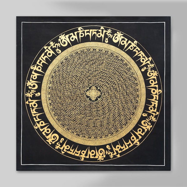 Black and Gold Om Mantra Mandala Thangka Painting | Traditional Tibetan Buddhist Art | Meditation | Decoration