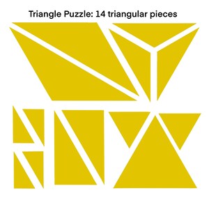 May include: A yellow triangle puzzle with 14 pieces. The puzzle is made up of smaller triangles that fit together to form a larger triangle.