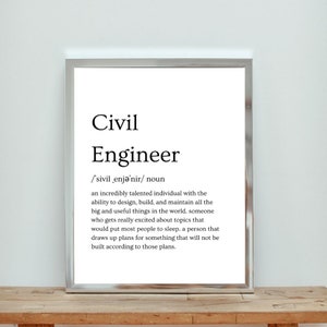 Op de afbeelding: Een zwart-witte printbare definitie van het woord "Civiele Ingenieur". De definitie luidt: "Een ongelooflijk getalenteerd individu met het vermogen om alle grote en nuttige dingen in de wereld te ontwerpen, te bouwen en te onderhouden. Iemand die echt enthousiast wordt over onderwerpen die de meeste mensen in slaap zouden doen vallen. Een persoon die plannen maakt voor iets dat niet volgens die plannen zal worden gebouwd."