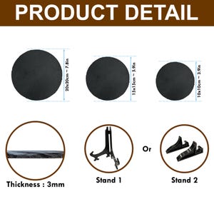 May include: Product detail image showing three round, black slate serving boards with measurements of 20x20cm (7.8in), 15x15cm (5.9in), and 10x10cm (3.9in). The image also shows the thickness of the slate at 3mm and two stand options.