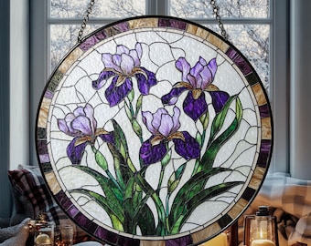 Purple Iris Stained Glass Suncatcher, Floral Window Hanging Decor