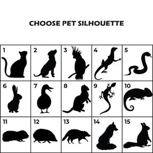 May include: Black silhouettes of various pets are displayed in a grid, including a cat, dog, parrot, lizard, snake, rabbit, duck, ferret, gecko, chameleon, guinea pig, hedgehog, fox, and a second rabbit. The text "CHOOSE PET SILHOUETTE" is at the top.