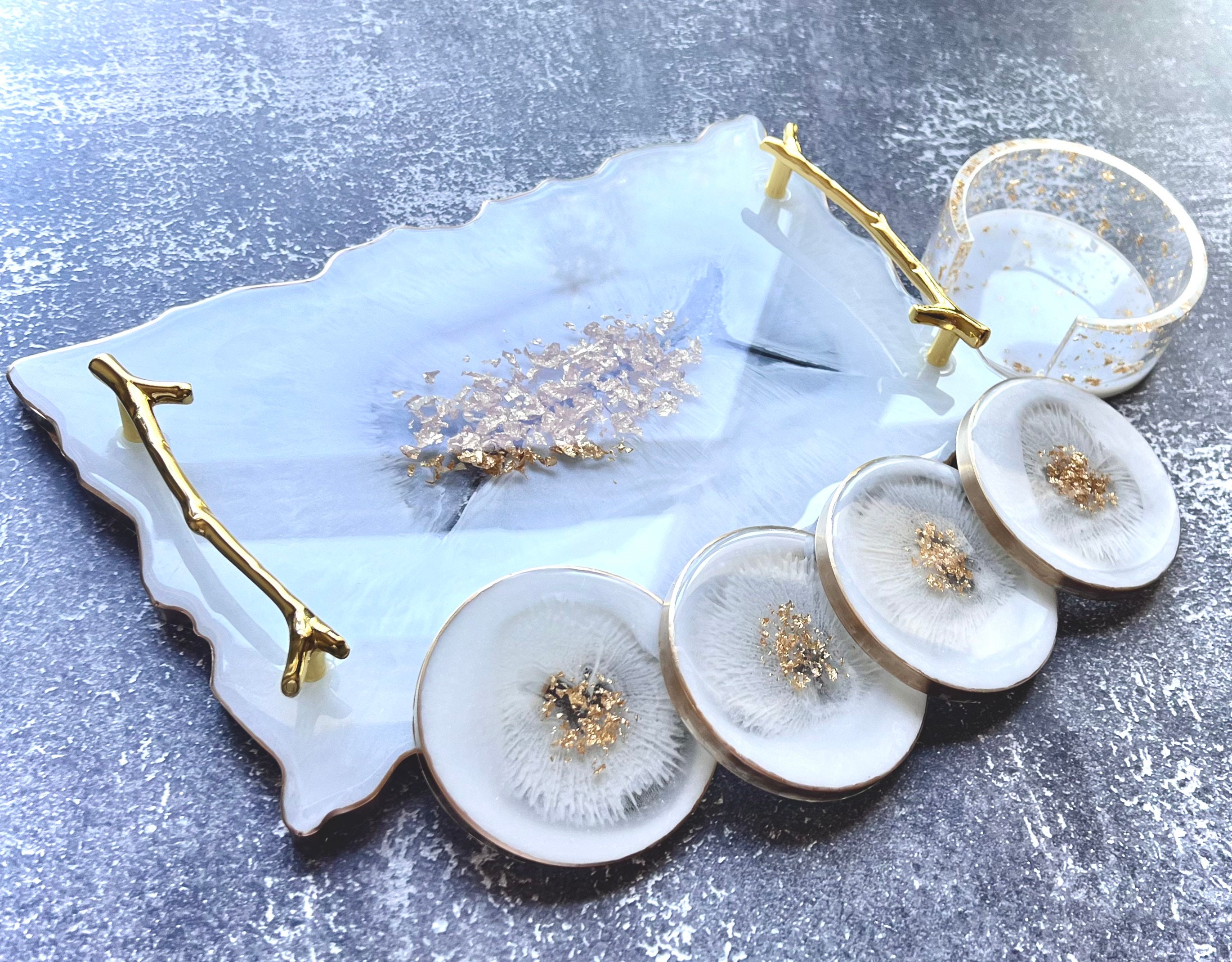 完売品　NICK WHITE Wood Stripe Tray アクセサリー Handmade Pearl White Resin Tray With Leaf Handles & Coasters - Etsy