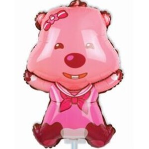 May include: A pink foil balloon in the shape of a cartoon bear with a bow, dress, and sailor collar. The bear has a red nose, a smiling mouth, and is winking. The balloon is attached to a blue and white stick.