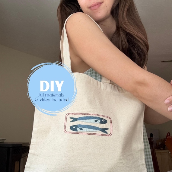 DIY Sardine Embroidery Tote Bag Adult Craft Kit: Beginner Craft Project