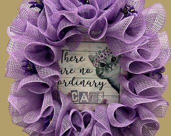 Welcome, Wreath, Cat, Lavender, Orchid,, Gift, Housewarming, Whimsical, Funny, Cat Lover