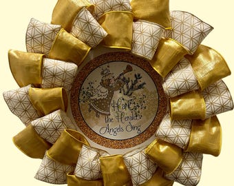 Christmas Angel Wreath, Gold, White, Ribbon, Christian, Gift