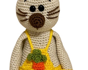 Easter, Bunny, Yellow Overalls with Pockets, Carrot, Amigurumi, Gift, Crochet
