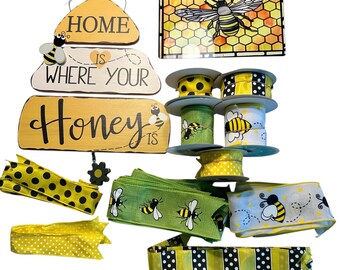 Lot of Wreath Making Supplies, Bees, Spring, Signs, Ribbon