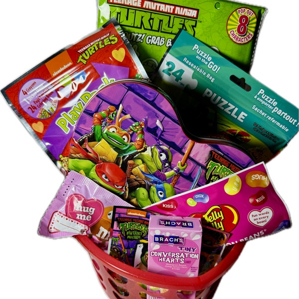 Ninja Turtle Valentine Item Bundle in Gift Basket- Valentine’s Day gift for boy, kids valentines gift for TMNT ninja turtle fan