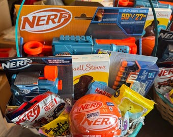 Nerf 5+ Item Bundle in Pre Filled Easter Basket w/Candy- Nerf Easter Basket for Kid- Unique Easter Gift for boy, girl, teen, tween, nerf fan