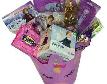 Frozen 5+ Item Bundle in pre filled Unicorn Easter Basket with Candy - unique Easter gift for girl, kid, Disney Frozen Elsa Anna fan