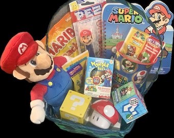 Super Mario Item Bundle in Gift Basket - unique gift for teen, tween, kid, boy, girl, Super Mario fan, gamer gift