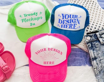 Neon Otto Trucker Mesh Hats Mockup, Neon Trucker Foam Hat Mockups, Otto Mesh Cap Mockup, Lake Neon Trucker Hats Mockups, Trendy Otto Mockups