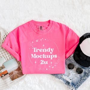 Neon Pink Comfort Colors C1717 Flat Lay Mockup, Neon Pink CC1717 Shirt Mockup, Pink Shirt Mockup, Beach Shirt Mockup, Oversized Shirt Mockup