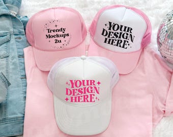 Otto Trucker Mesh Hat White And Soft Pink Mockup, Bachelorette Hat Mockup, Pink Trucker Hat Mockup, Otto Trucker Hat Mockup, Cowgirl Mockup