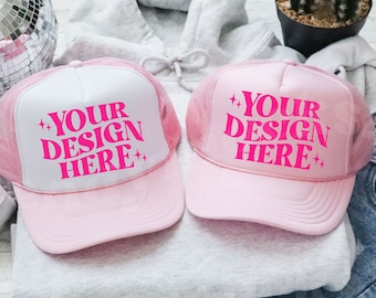 Otto Trucker Mesh Hat Mockup Trendy Pink Foam Hat Mockup Soft Pink White Trucker Hat Coquette Bow Hat Mockup Beach Hat Trendy Hat Mockup