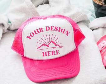 Otto Trucker Hat Pink Mockup Trendy Trucker Foam Hat Mockup Pink White Trucker Hat Pink Hat Mockup Beach Mesh Hat Trendy Mockup Otto Hats