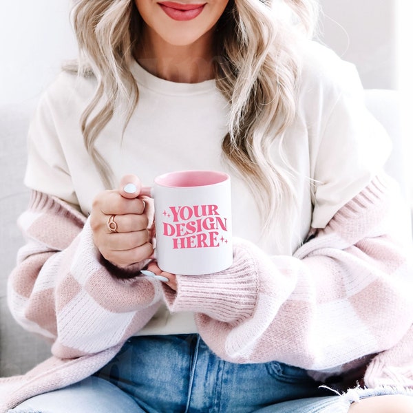 White & Pink 11oz Coffee Mug Mockup, 11oz Mug Model Mockup, White Mug With Pink Accent Mug Mockup, Mom Mug Mockup, Teacher White Mug Mockup