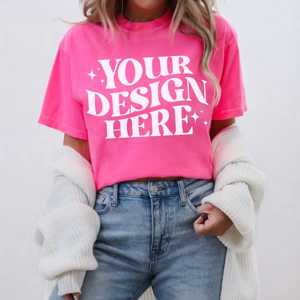 Neon Pink Comfort Colors C1717 Mockup, 1717 Neon Pink Shirt Mockup, Neon TShirt Mockup, Comfort Colors Neon Pink Shirt Mockup, Trendy Mockup