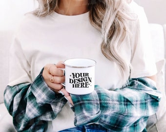 White 12oz Camping Mug Mockup, 12oz Camping Mug Model Mockup, Camping Mug With Silver Mug Mockup, Coffee Mug Mockup, Mug Mockup, Trendy Mock