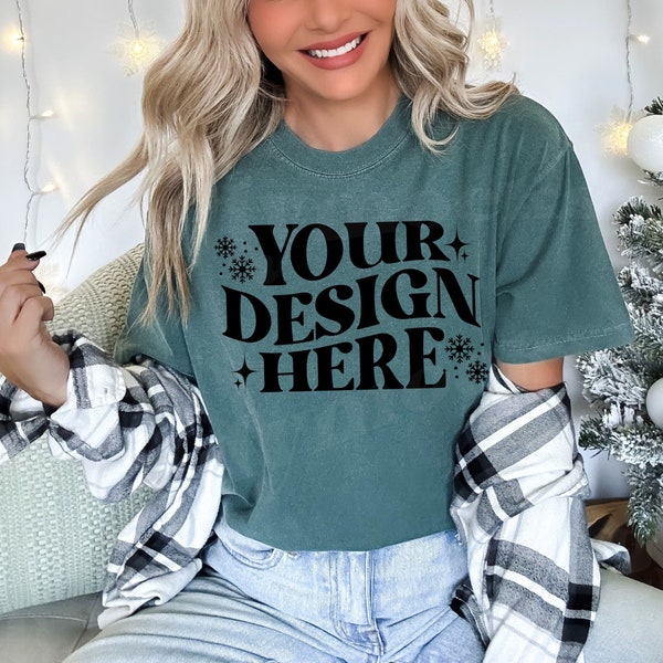 Comfort Colors C1717 Mockup Blue Spruce, Comfort Colors Christmas Mockup, Christmas Shirt Mockup, Trendy Mockup, Blue Spruce 1717 Mockup