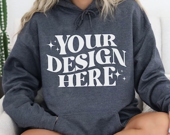 Mockup de moletom Gildan Dark Heather, mockup de modelo 18500, mockup Dark Heather 18500, mockup moderno G18500, mockup Dark Heather, mockup moderno