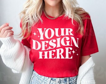 Bella canvas rood model, Valentijnsdagmodel rood, Bella Canvas 3001 rood model, rood shirtmodel, trendy model, Bella canvasmodel