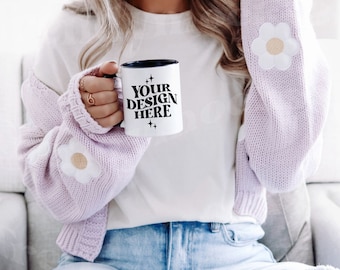 White & Black 11oz Coffee Mug Mockup 11oz Mug Mockup White Mug Black Accent Mockup White Mug Model Mockup Teacher Mug Mockup Trendy Mockup