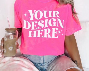 Maqueta de colores de confort rosa neón 1717, maqueta de color rosa neón C1717, maqueta de camiseta neón, maqueta de colores de confort 1717, maqueta de camiseta rosa neón de moda