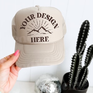 Otto Khaki Trucker Mesh Hat Mockup, Trendy Trucker Foam Hat Mockup, Khaki Otto Mesh Hat Mockup, Tan Lake Hat Mockup, Baseball Cap Mockup