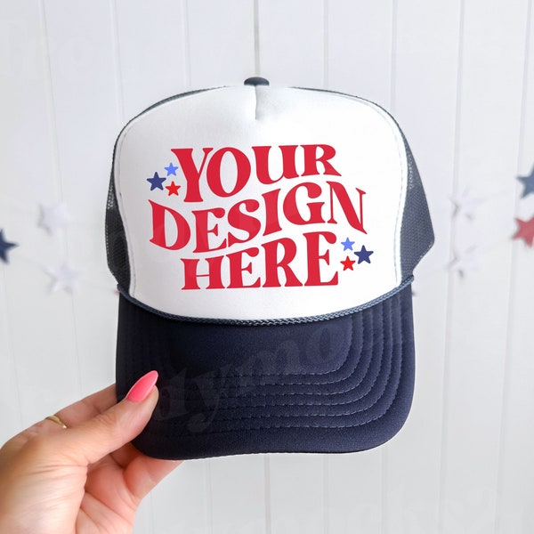 Otto Navy White Trucker Mesh Hat Mockup, 4th Of July Hat Mockup, Trucker Hat Mockup, Otto Navy Mesh Trucker Hat Mockup, Holiday Hat Mockup