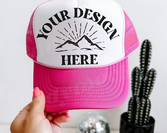 Otto Pink Weiß Trucker Mesh Hat Mockup, Trendy Trucker Foam Hut Mockup, Rosa Weißer Otto Trucker Cap Mockup, See Hut Mockup, Baseball Cap Mockup