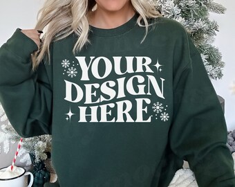 Forest Green Gildan 18000 Christmas Mockup, Gildan 18000 Christmas Mockup, Gildan 18000 Mockup, Trendy Mockup, 18000 Forest Green Mockup