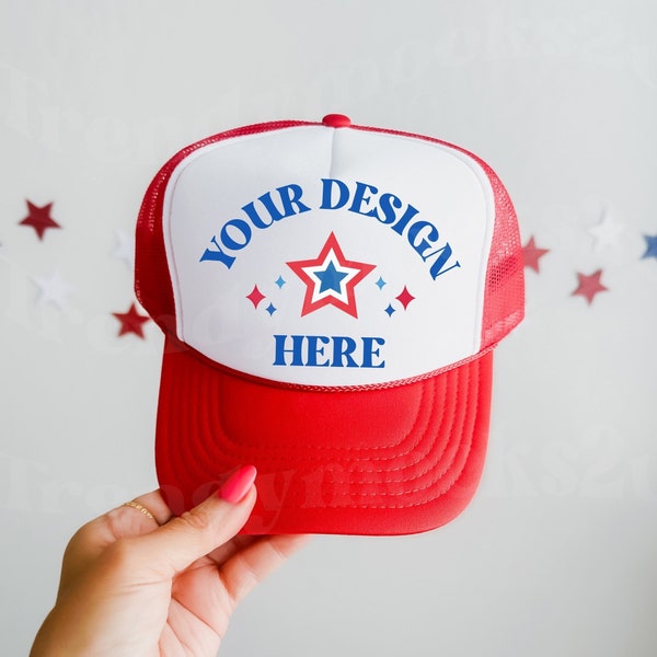 Otto Red White Trucker Mesh Hat Mockup, 4th Of July Hat Mockup, Trucker Red Hat Mockup, Otto Red White Hat Mockup, Holiday Red Hat Mockup