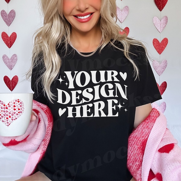 Black Bella & Canvas Valentines Mockup, Valentines Bella Canvas Mockup, Valentines TShirt Mockup, Trendy MockUp, 3001 Black Shirt Mockup