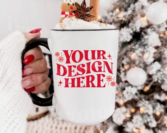White And Black 15oz Mug Christmas Mockup, 15oz White Mug Mockup, Christmas Mug Mockup, White Black 15oz Mug Mockup, Trendy Christmas Mockup