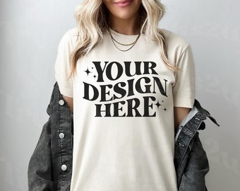 Naturalny mockup Bella & Canvas 3001, mockup Bella Canvas 3001, mockup koszuli 3001, mockup modny, mockup koszuli oversize, mockup Naturalny mockup 3001