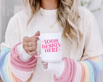 White 15oz Mug Mockup, Pink Accent Handle Mug Mockup, White & Pink 15oz Coffee Mug Mockup, White Mug Model Mockup, Coffee White Mug Mockup