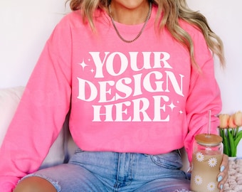 Safety Pink Gildan 18000 Mockup, Gildan 18000 Safety Pink Mockup  18000 Crewneck Mockup, Trendy Safety Pink Mockup, Gildan Sweatshirt Mockup