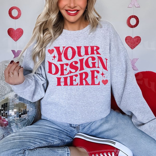 Sport Grey Gildan 18000 Mockup, Valentines Day Grey Sweatshirt Mockup, 18000 Sport Grey Mockup, Valentines Day 18000 Mockup, Trendy Mockup