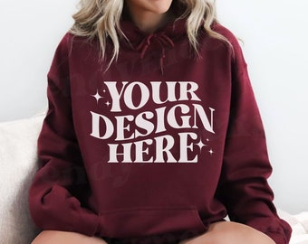 Gildan 18500 Maroon Hoodie Mockup, G8500 Mockup Maroon, 18500 Crewneck Mockup, 18500 Hoodie Mockup Maroon, Trendy Mockup, Hoodie Mockup