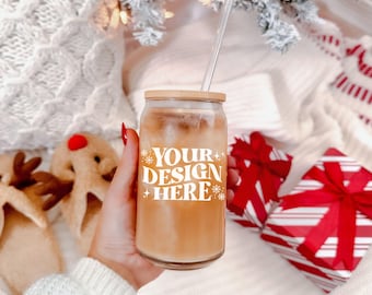 Maquete de copo de vidro de 16 oz para Natal, maquete de lata de vidro para copo, maquete de copo moderno para copo, maquete de lata de vidro para café de 16 oz, maquetes de xícaras de Natal