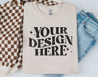 Sand Gildan 5000 Shirt Mockup Gildan Sand Flat Lay Mock Sand Shirt Flat Lay 5000 Shirt Mockup 5000 Sand TShirt Mockup Trendy Sand Tee Mockup