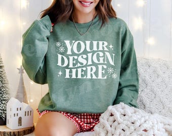 Gildan 18000 Heather Sport Dark Green Mockup, Christmas Gildan Heather Crewneck Mockup, Christmas Sweatshirt Mockup, Green Crewneck Mockup