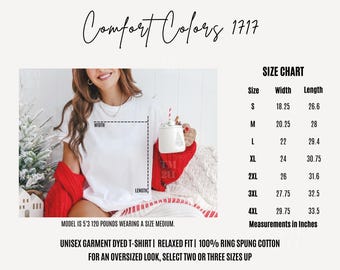Comfort Colors 1717 Size Chart, Comfort Colors 1717 White Shirt Size Chart, Comfort Colors Christmas Size Chart, CC1717 Size Chart Mockup