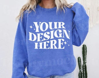 Heather Sport Royal 18000 Model Mockup, G18000 Model Mockup, Heather Sport Royal Crewneck Mockup, 18000 Mockup, Heather Crewneck Mockup