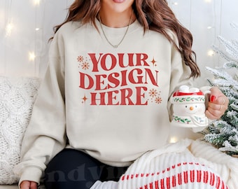 Sand Gildan 18000 Mockup, Gildan Christmas Mockup, Christmas Sweatshirt Mockup, Gildan Mockup, Sand 18000 Mockup, Holiday Crewneck Mockup