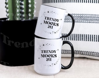 White Black 15oz And 11oz Coffee Mug Mockup, White Black Coffee Mug Mockup, 15oz White Mug Black Accent Mockup, 11oz White Coffee Mug Mockup