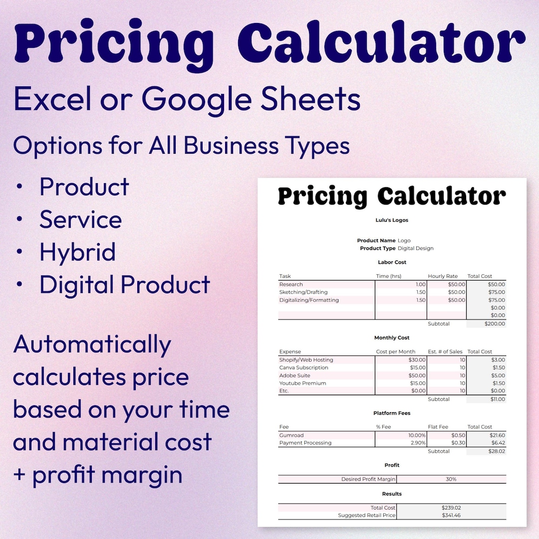 Product Pricing Calculator Spreadsheet | Excel Template With Auto Total ...